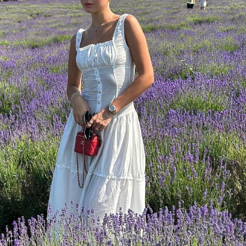 White Corset Midi Sundress | Ruffle Trim Sleeveless Dress with Smocked Back | noémi