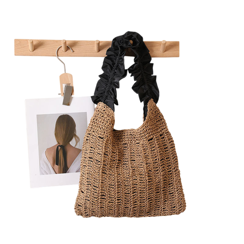 Lacework Straw Shoulder Tote Bag – Hollow-Out Woven, Natural Yellow | noémi