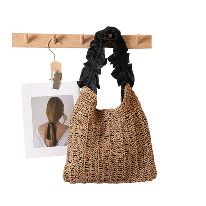 Lacework Straw Shoulder Tote Bag – Hollow-Out Woven, Natural Yellow | noémi