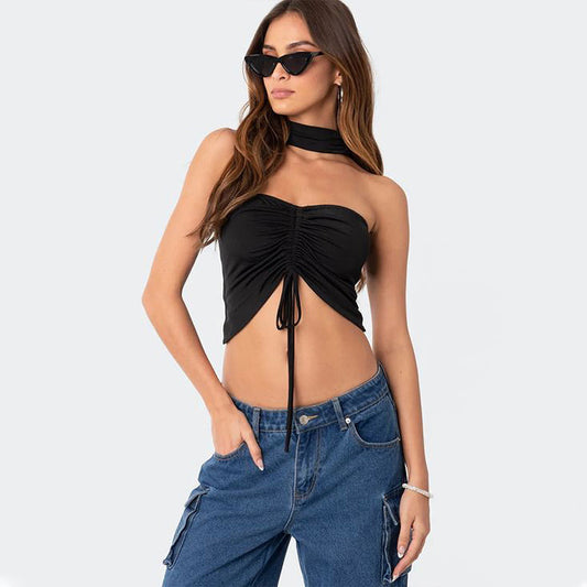 Womens Choker Tube Top | Ruched Front | Open Tie Waist | noémi