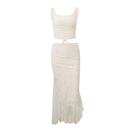 Lace Two Piece Set | Cream Ruched Crop Top & Fishtail Maxi Skirt with Corset Back | noémi