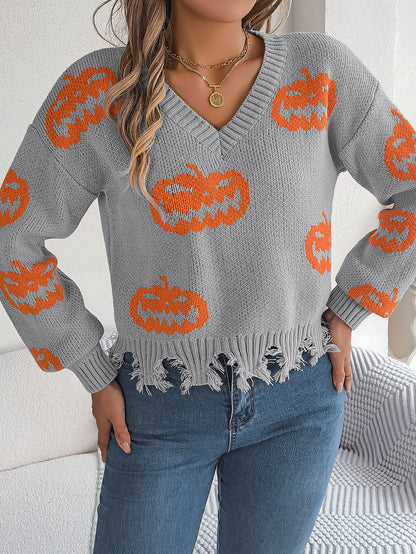 Halloween Pumpkin Sweater for Women | Cut Out Pullover with Distressed Hem | noémi