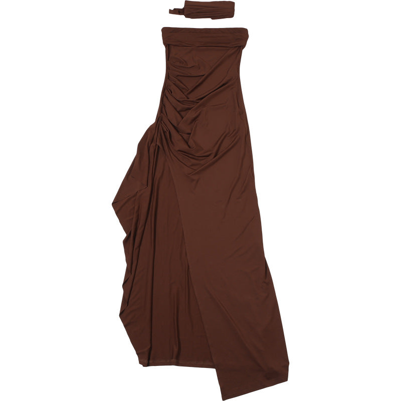 Womens Slim Fit Tube Dress with Scarf Collar and Back Slit Detail | noémi