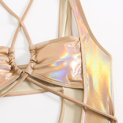 Laser Glossy One Piece Swimsuit with Hollow Drawstring Cutouts | noémi