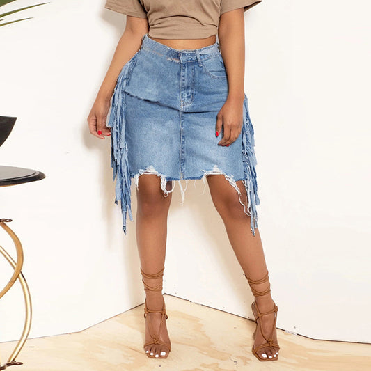 Trendy Tassel Denim Skirt for Women | Distressed Washed Look | noémi