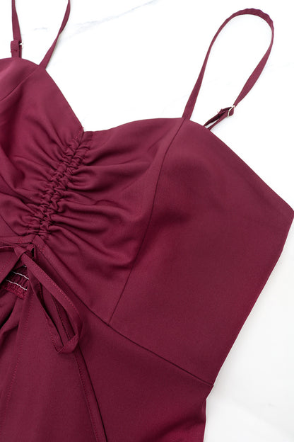 Women’s 2 Piece Cloak Dress & Shorts Set | Burgundy Suspender Strap & High Slit Overlay | noémi