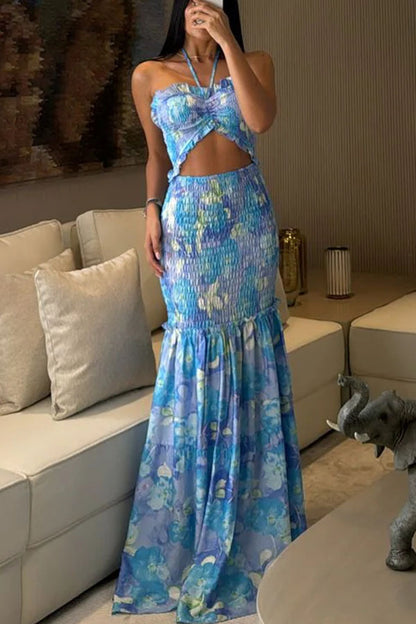 Halterneck Maxi Dress | Floral Print, Pleated Skirt | noémi