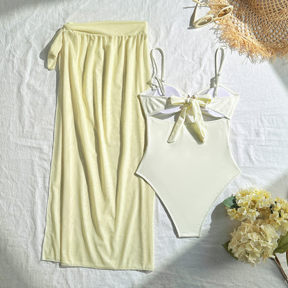 Womens Solid Mesh Maxi Three Piece Swim Set | Tube Top Bikini Cover Skirt | noémi