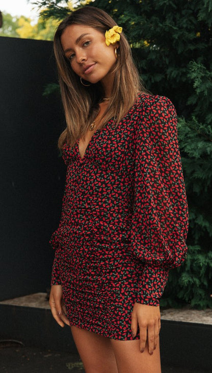 Floral V Neck Pleated Mini Dress | Lantern Sleeves, Boho Print | noémi