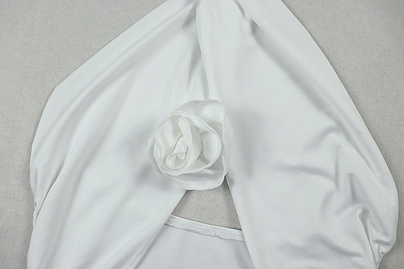 Womens Backless Cross Halter Midi Dress with Side Slit Pleated Detail | noémi