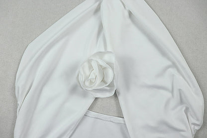 Womens Backless Cross Halter Midi Dress with Side Slit Pleated Detail | noémi