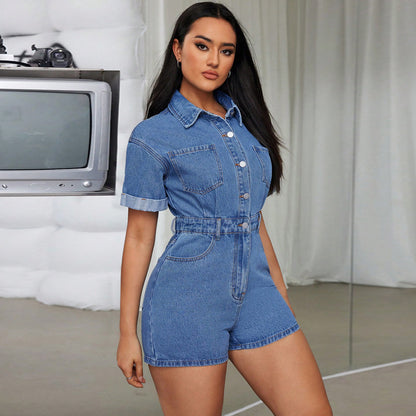 Denim Collared Short Sleeve Belted Romper | noémi