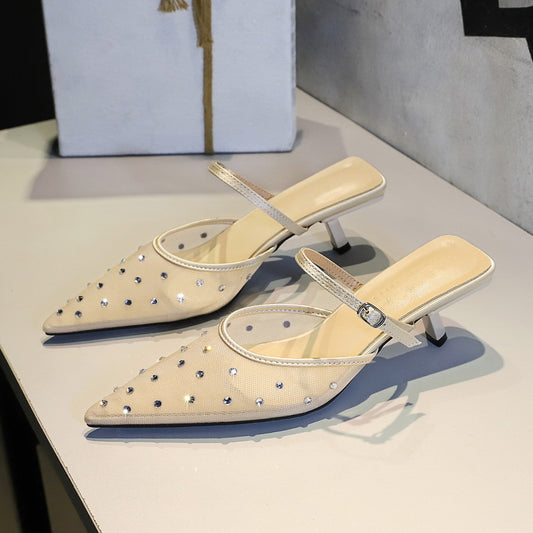 Rhinestone Lace Pointed Toe Mules | Stiletto Heel Slippers with Cutout Strap | noémi
