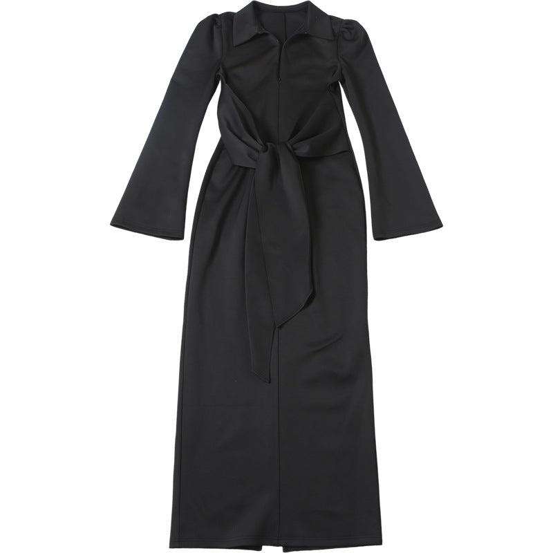 Womens Long Sleeve Dress with Collared Neck Lace Up Waist and Slim Fit | noémi