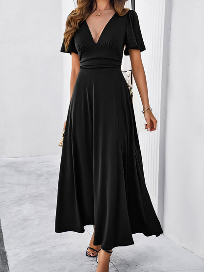 Women's Wrap Maxi Dress with Slit | Deep V Neck, Short Sleeves | noémi