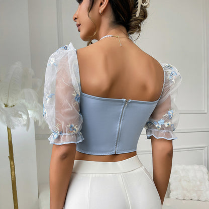 Mesh Lace Embroidery Corset Top with Puff Sleeves and Boning Support | noémi