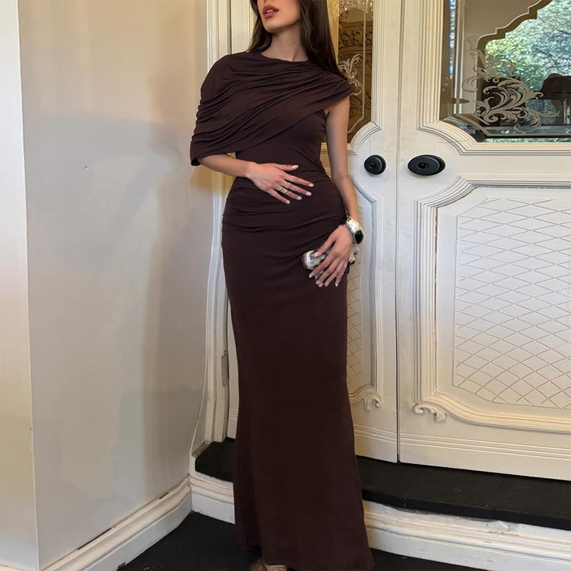 Womens One Shoulder Sheath Dress with Pleated Detail | noémi