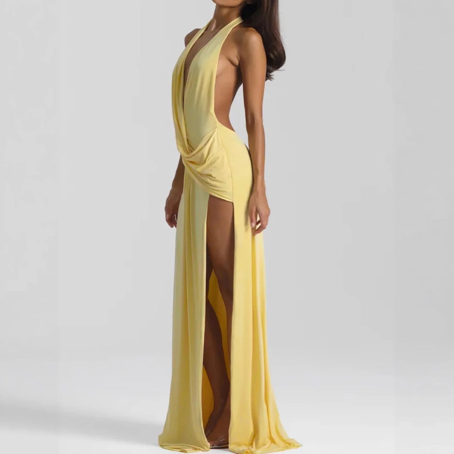 Womens Deep V Plunge Maxi Dress with Lace Up Back | noémi
