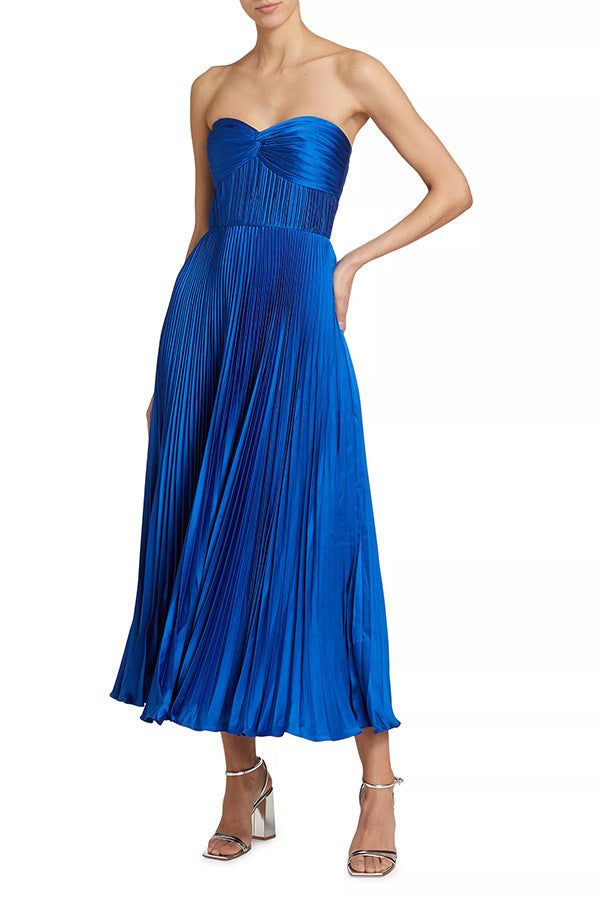 Pleated Satin Maxi Dress | Strapless Wrapped Chest | noémi