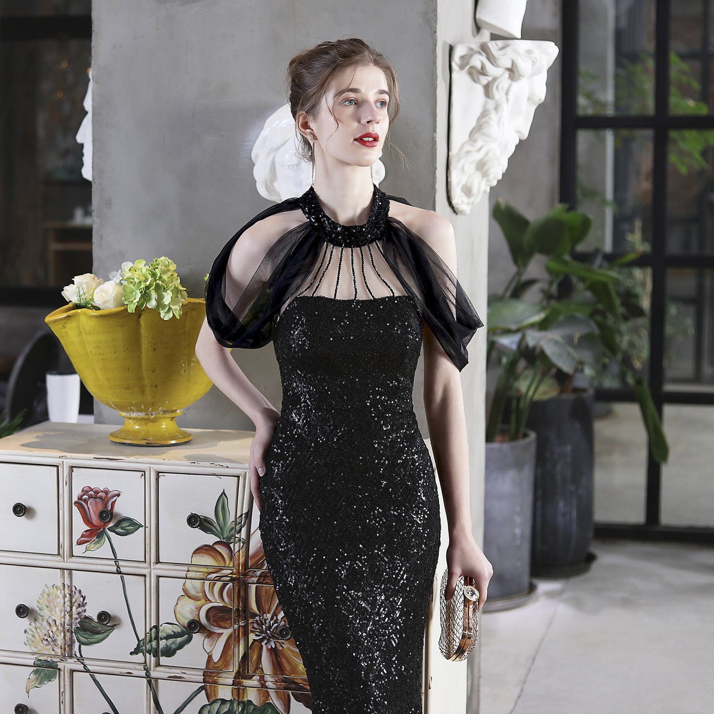 Sequin Gown with Sheer Cape | Sparkling Maxi Fishtail Dress | noémi