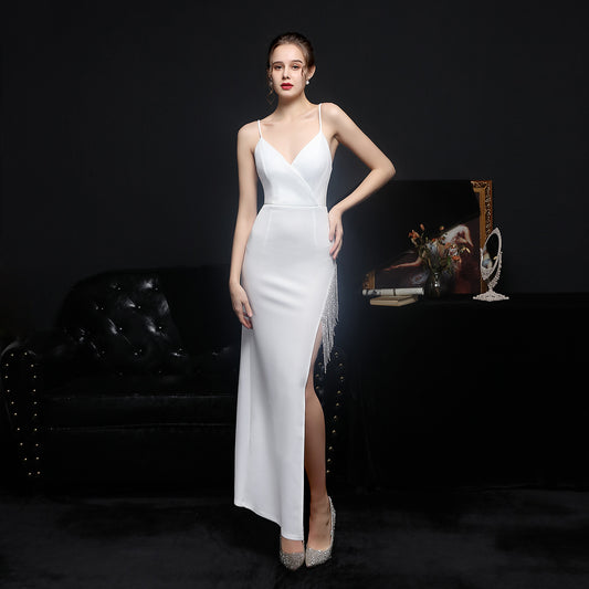 White Satin Gown | Spaghetti Straps, Thigh Slit, Backless Dress | noémi
