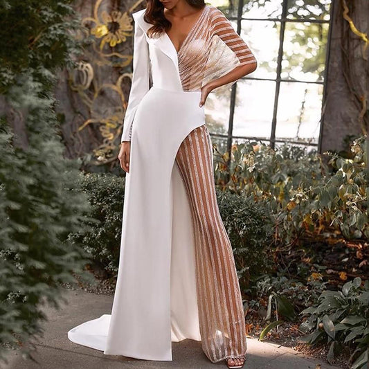 White Lace Patchwork Gown | V Neck, Sheer Striped Mesh, Maxi Dress | noémi