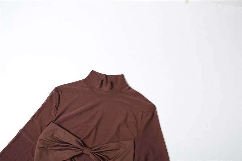 Womens High Collar Long Sleeve Maxi Dress with Side Cutout and Front Slit | noémi