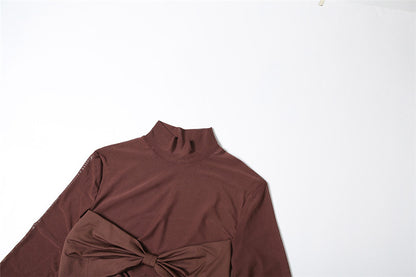 Womens High Collar Long Sleeve Maxi Dress with Side Cutout and Front Slit | noémi