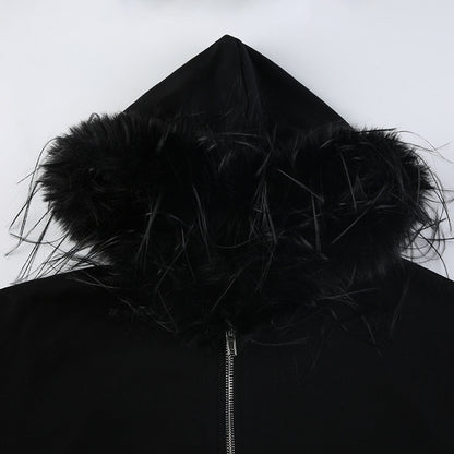 Fur Collar Hoodie Coat with Zipper Pockets | Loose Fit  Stitching Cardigan for Women | noémi