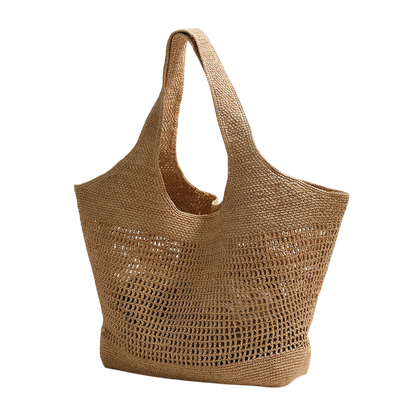 Raffia Straw Shoulder Tote Bag – Large Capacity, Hollow-Out Weave, Brown | noémi