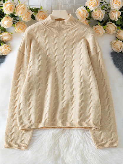 Turtleneck Sweater for Women | Casual Loose Knit Twisted Cable Long Sleeve Top | noémi
