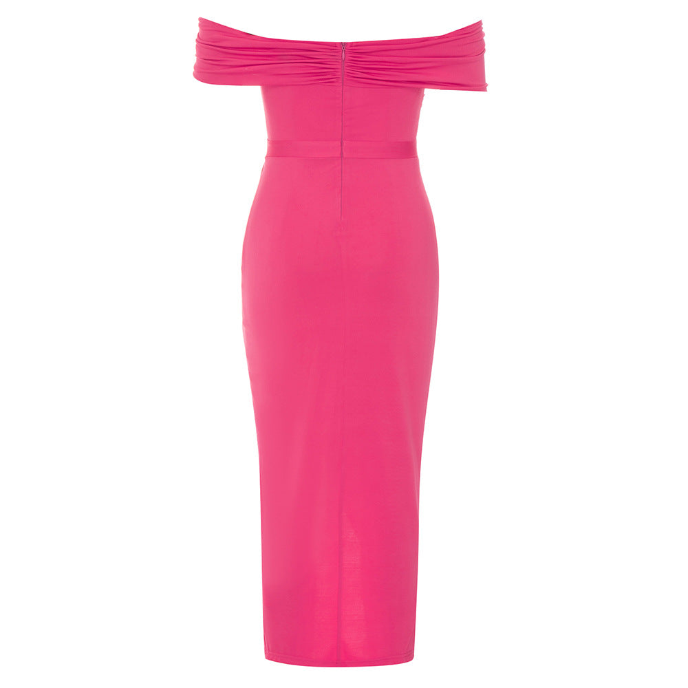 Womens Off Shoulder Pleated Backless Dress with Side Slit Slim Fit | noémi