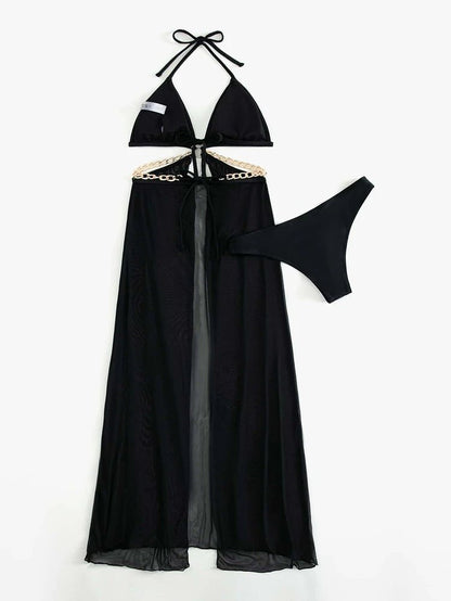 Three Piece Swimsuit Set | Sheer Split Skirt & Gold Chain Detail | noémi