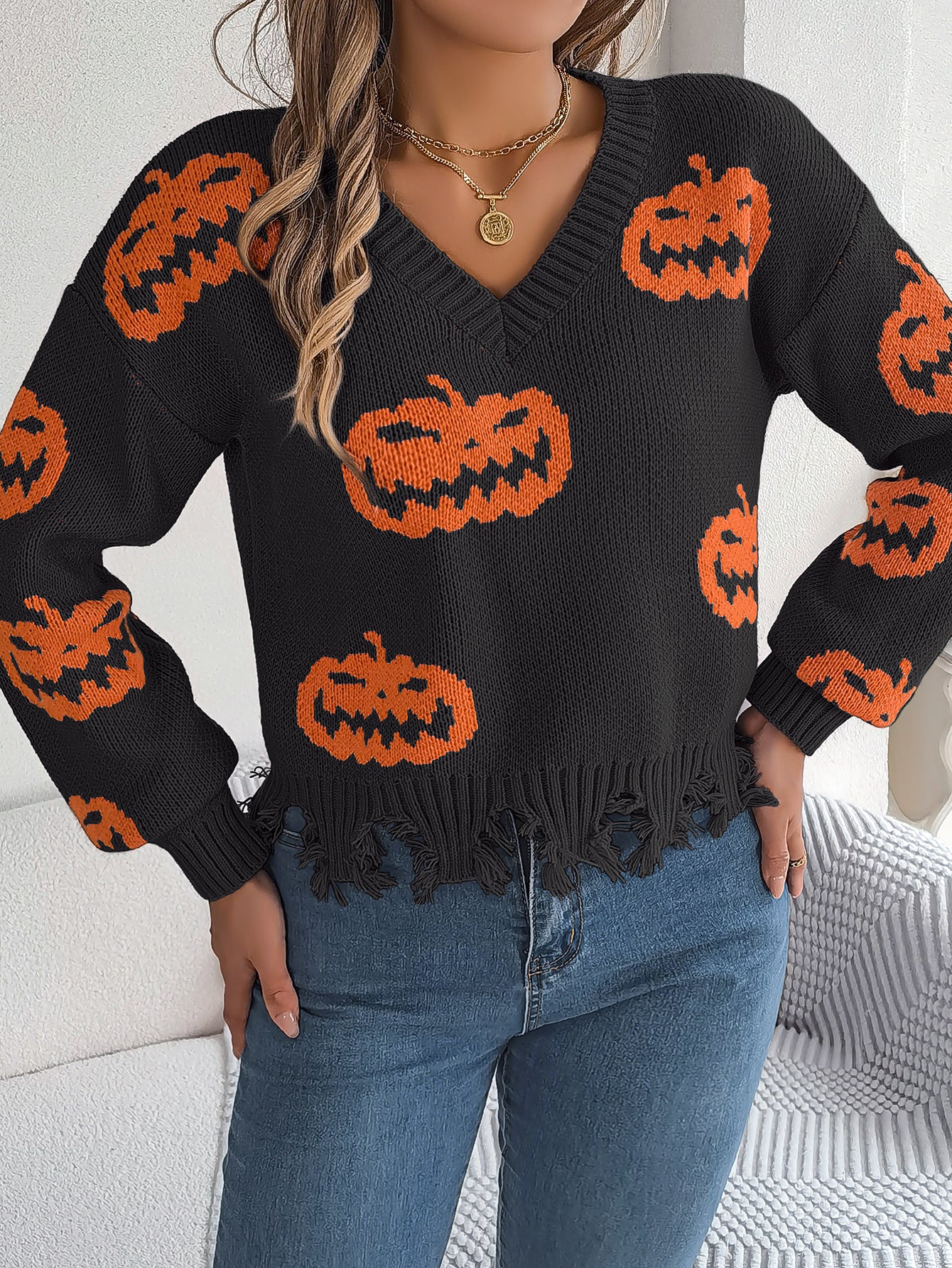 Halloween Pumpkin Sweater for Women | Cut Out Pullover with Distressed Hem | noémi