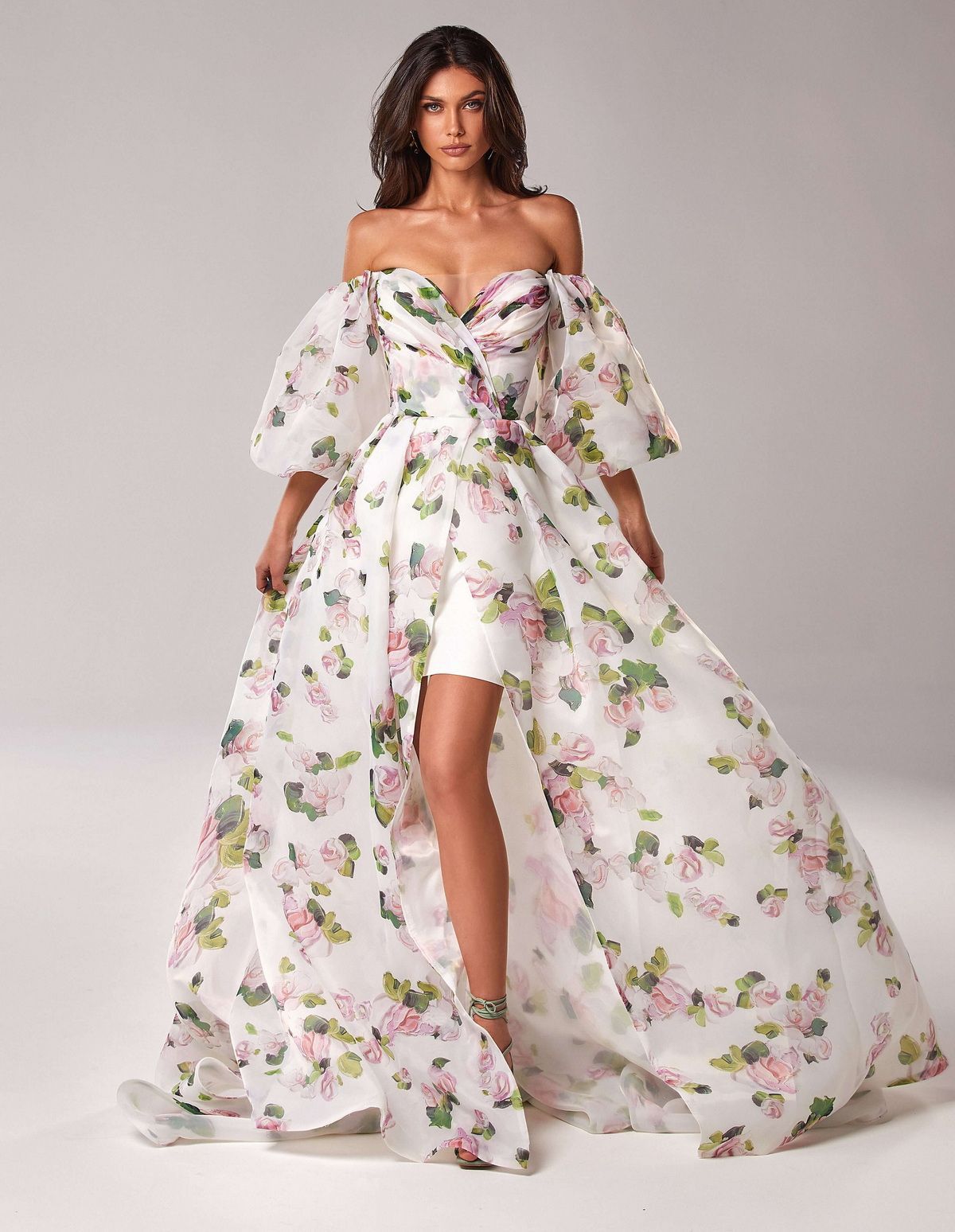Floral Off Shoulder Dress | Split Gown with Puffy Sleeves & Corset Bodice | noémi
