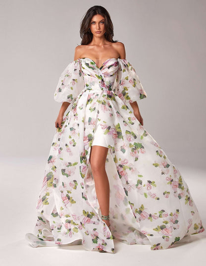 Floral Off Shoulder Dress | Split Gown with Puffy Sleeves & Corset Bodice | noémi