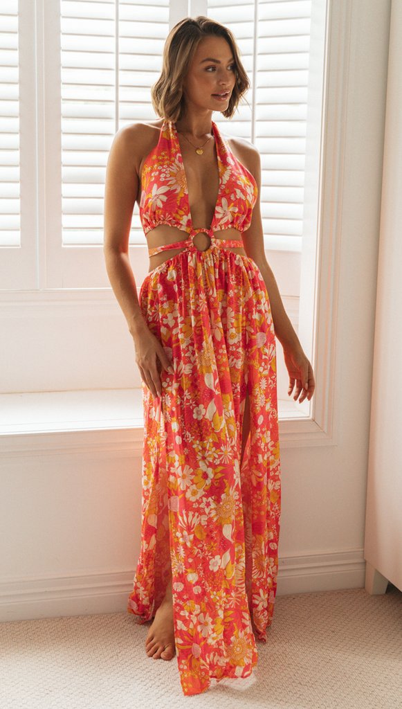 Womens Floral V Neck Maxi Slip Dress | Backless, Split | noémi