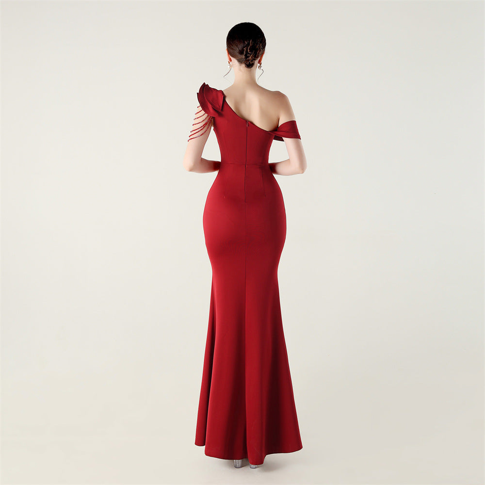Ruffled One Shoulder Satin Gown with Beaded Chains | Slim Fit Fishtail Dress | noémi