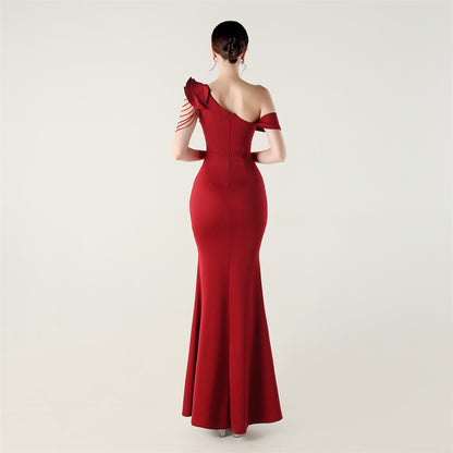 Ruffled One Shoulder Satin Gown with Beaded Chains | Slim Fit Fishtail Dress | noémi