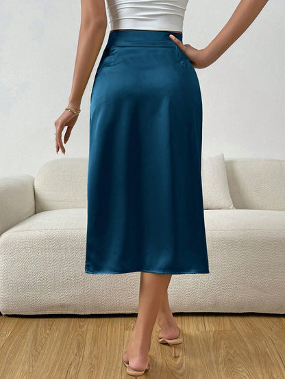 Satin Midi Skirt | High Waist Wrap Silhouette with Side Slit | noémi