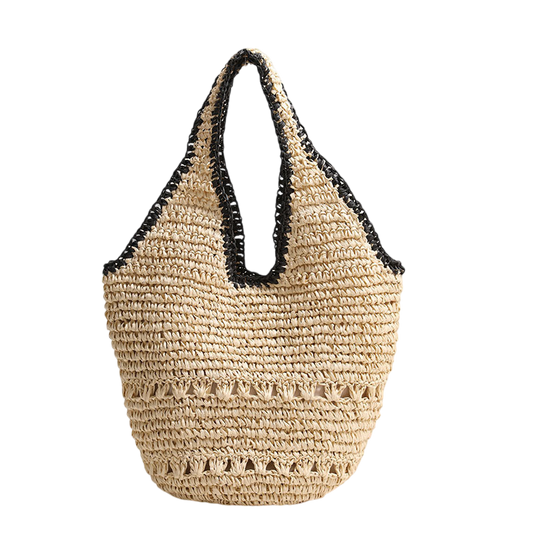 Large-Capacity Straw Shoulder Tote – Hollow-Out Woven, Natural/Black | noémi