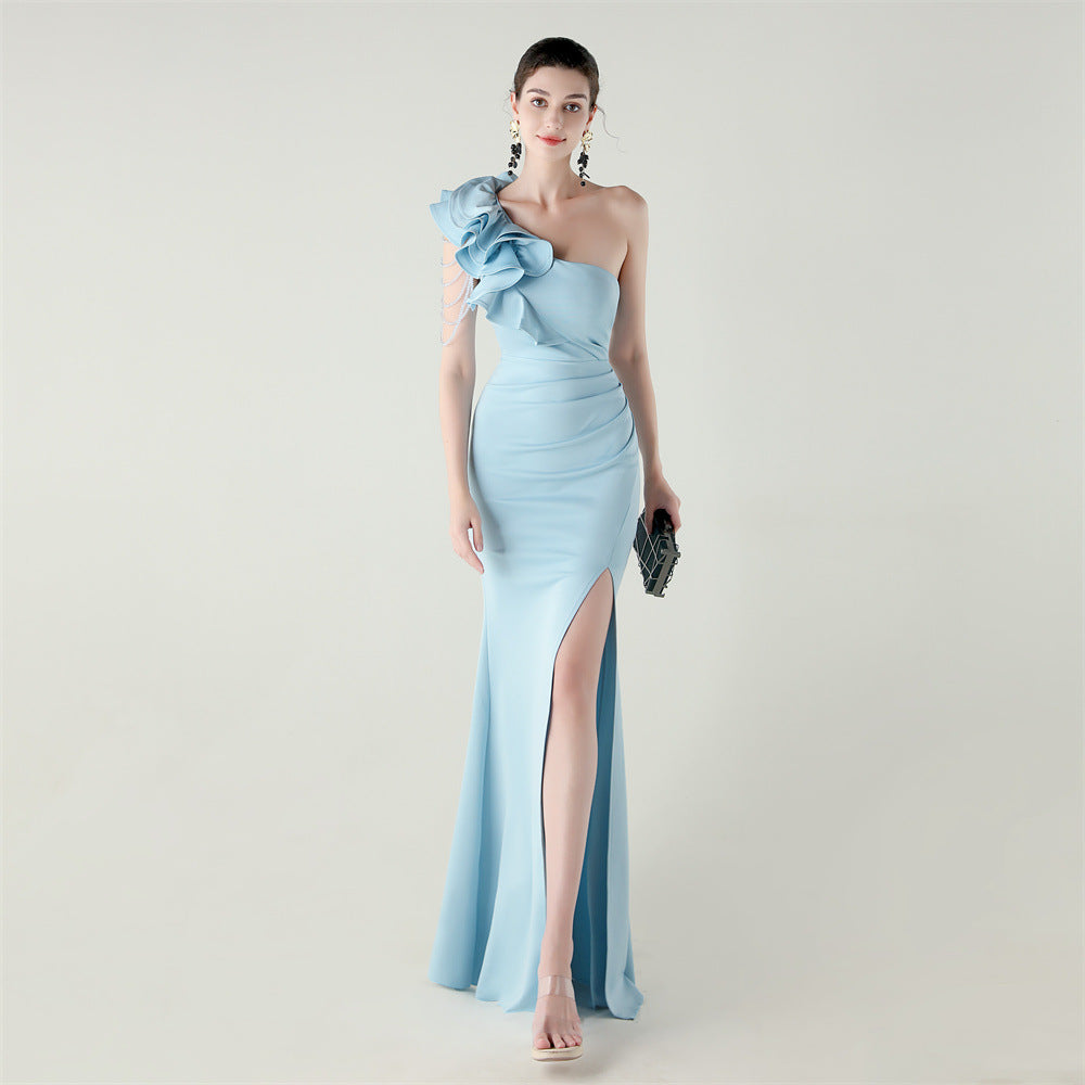 One Shoulder Ruffle Dress with High Slit | Craft Beaded Floral Satin Detail | noémi