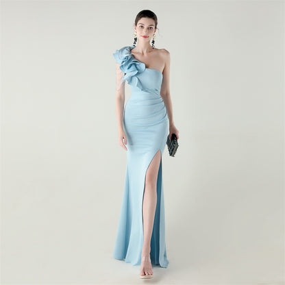 One Shoulder Ruffle Dress with High Slit | Craft Beaded Floral Satin Detail | noémi