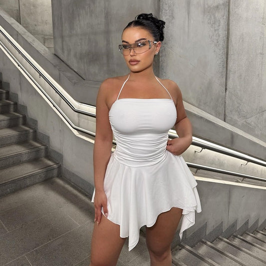 White Ruched Halter Mini Dress | Skirt, Stretch Fit | noémi