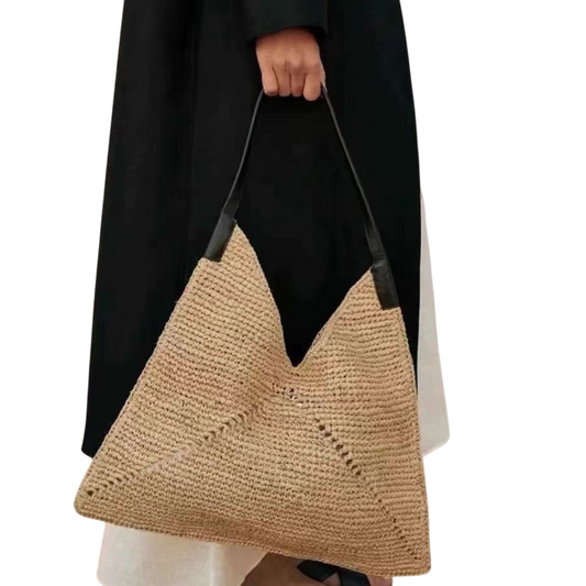 Triangle Raffia Straw Shoulder Tote – Hollow-Out Large-Capacity Beach Bag, Natural | noémi