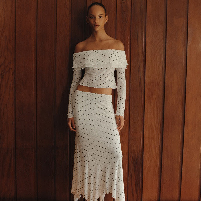 Fall Off Shoulder Knit Two Piece Set | Polka Dot Crop Top & Low Waist Midi Skirt | noémi