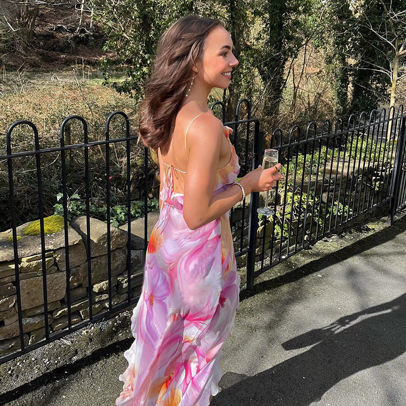 Womens V Neck Printed Sheath Dress with Backless Design and Strap Detail | noémi