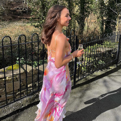 Womens V Neck Printed Sheath Dress with Backless Design and Strap Detail | noémi