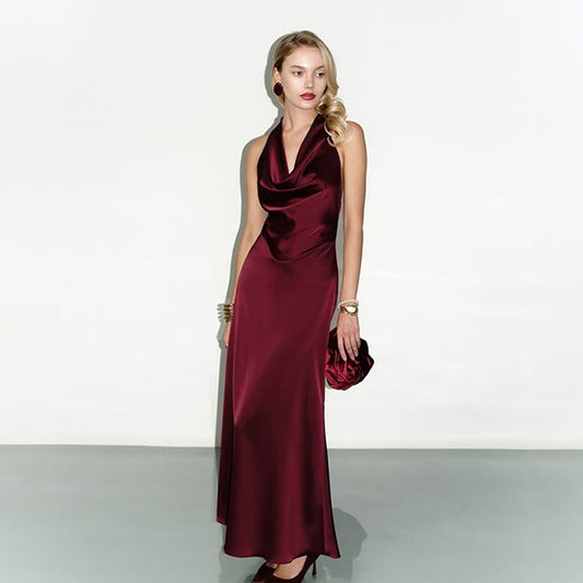 Red Satin Halter Dress | Backless Slim Fit | noémi