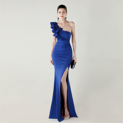Womens One Shoulder Satin Gown | Floral Detail with High Slit | noémi